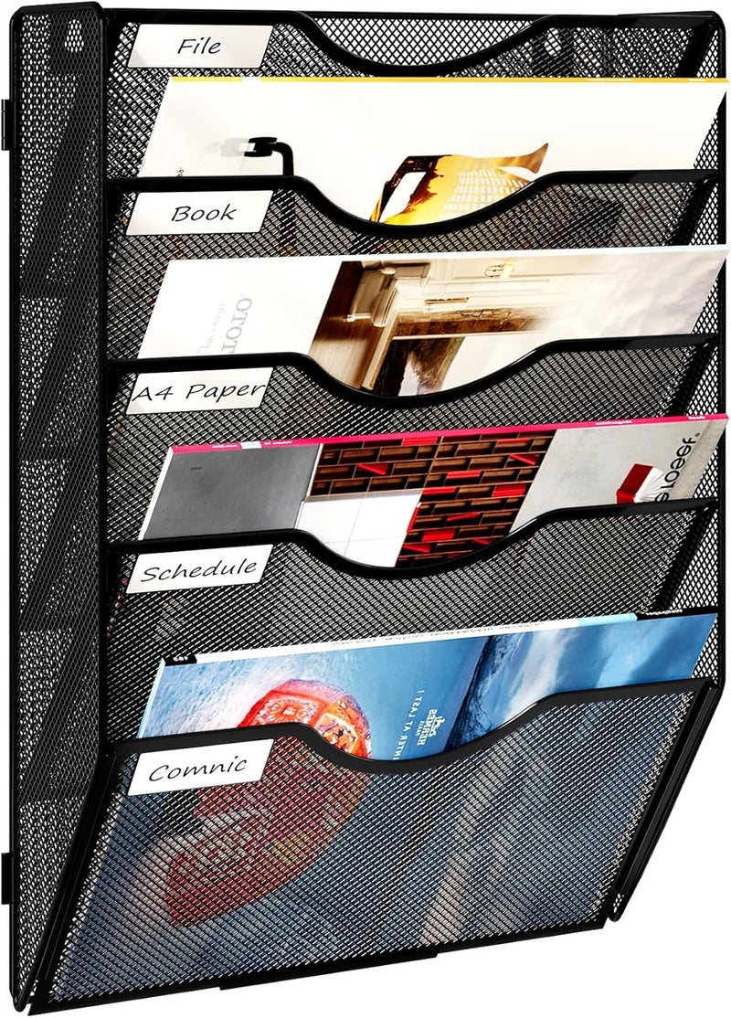 Solinxe Wall Hanging File Holder 5 Pocket Wall Mounted Paper Organizer Magazine File Holder Storage Rack,Black - Image 1